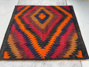 4x5 (150x120) Handmade Kilim Afghan Rug | Black Orange Khaki Chestnut Brown Red Blue | Flatweave Tribal Nomadic Turkish Moroccan Outdoor