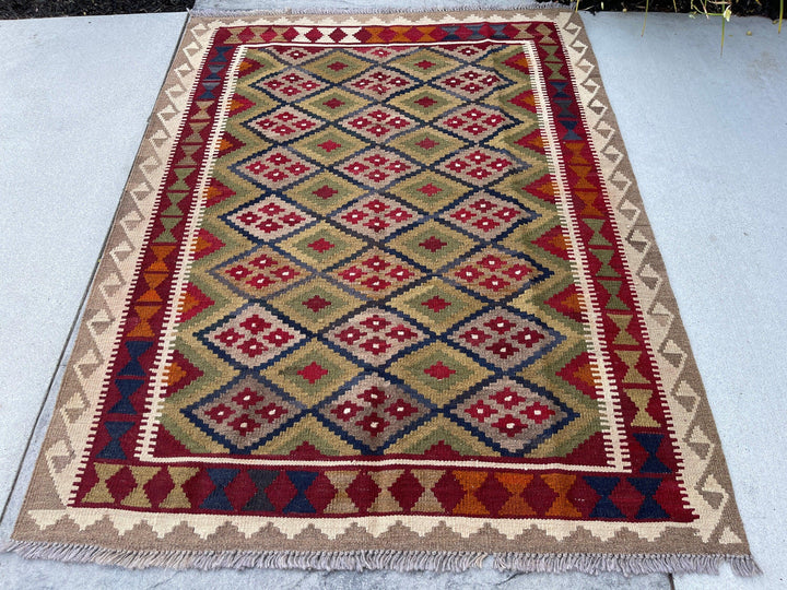 5x6 (150x180) Handmade Afghan Kilim Rug | Tan Beige Red Gold Sage Green | Flatweave Boho Tribal Turkish Moroccan Oriental Wool