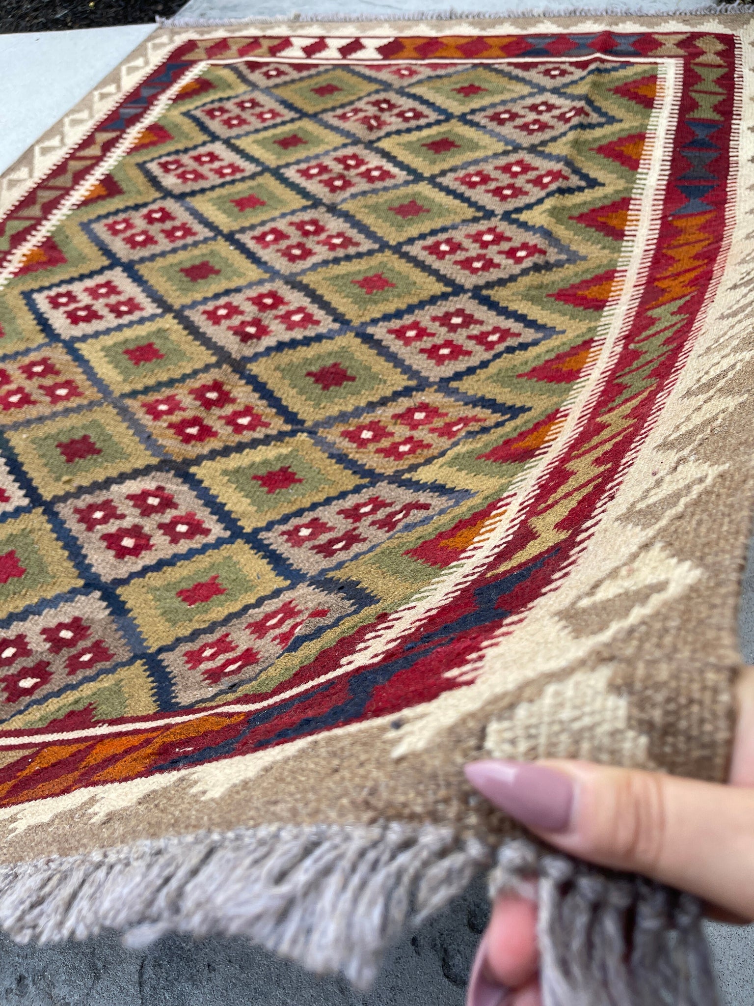 5x6 (150x180) Handmade Afghan Kilim Rug | Tan Beige Red Gold Sage Green | Flatweave Boho Tribal Turkish Moroccan Oriental Wool