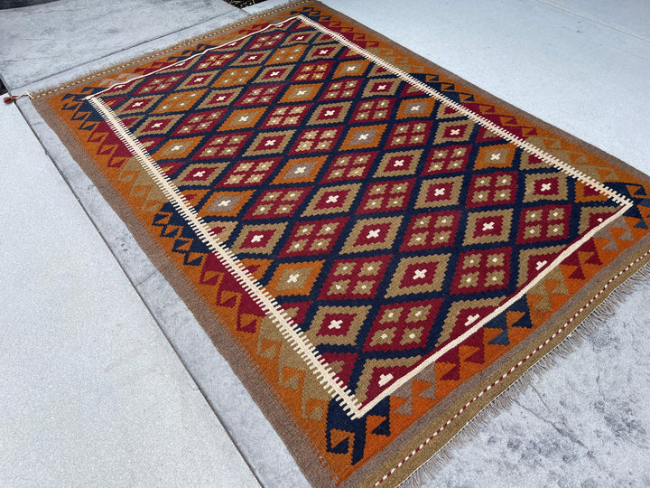 5x7 (150x215) Handmade Afghan Kilim Rug | Tan Khaki Brown Orange Red White Navy Blue | Flatweave Boho Tribal Turkish Moroccan Oriental Wool