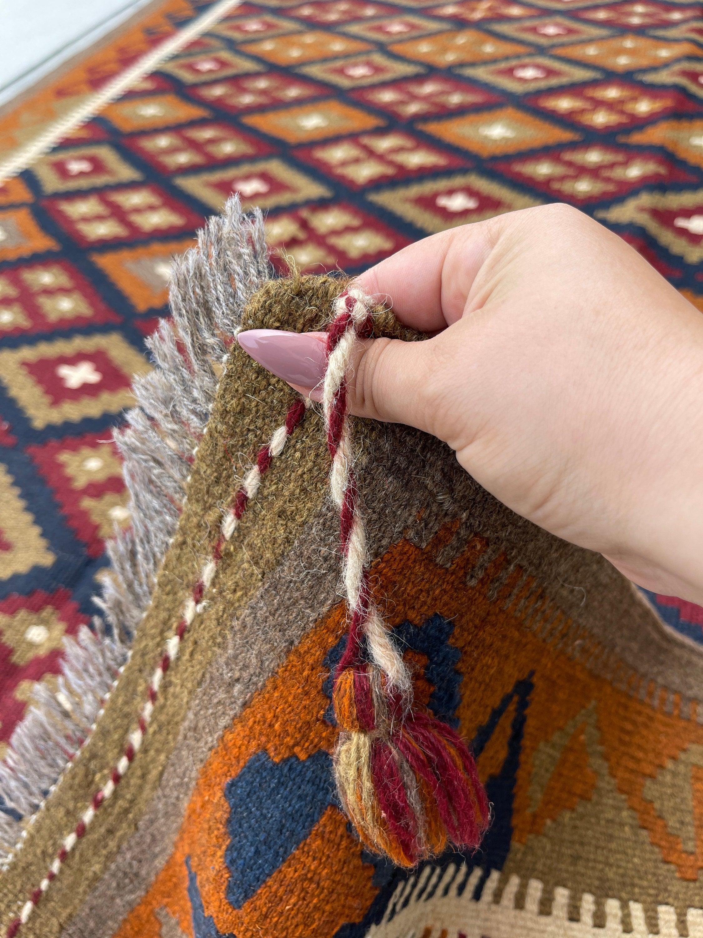 5x7 (150x215) Handmade Afghan Kilim Rug | Tan Khaki Brown Orange Red White Navy Blue | Flatweave Boho Tribal Turkish Moroccan Oriental Wool