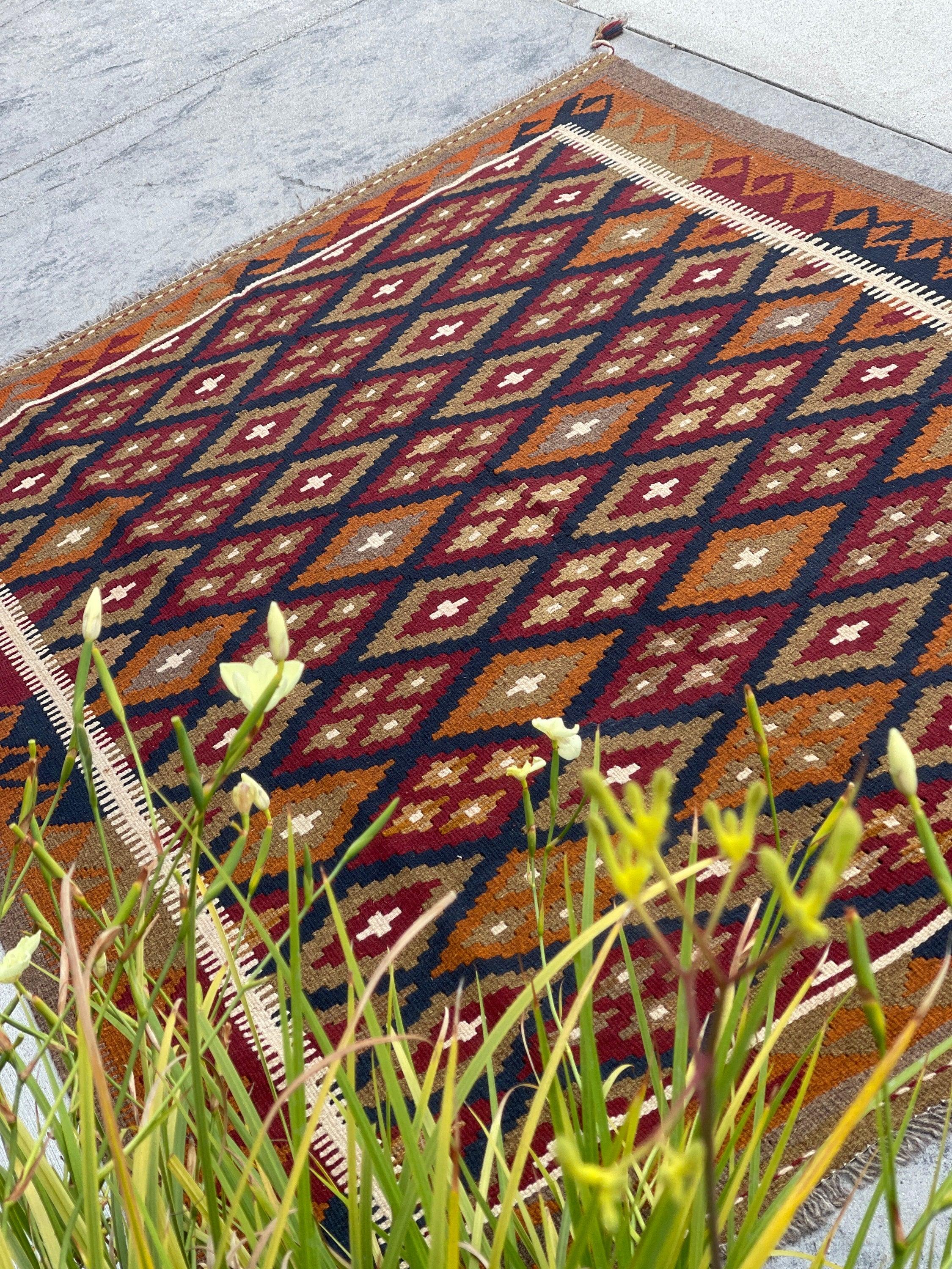 5x7 (150x215) Handmade Afghan Kilim Rug | Tan Khaki Brown Orange Red White Navy Blue | Flatweave Boho Tribal Turkish Moroccan Oriental Wool