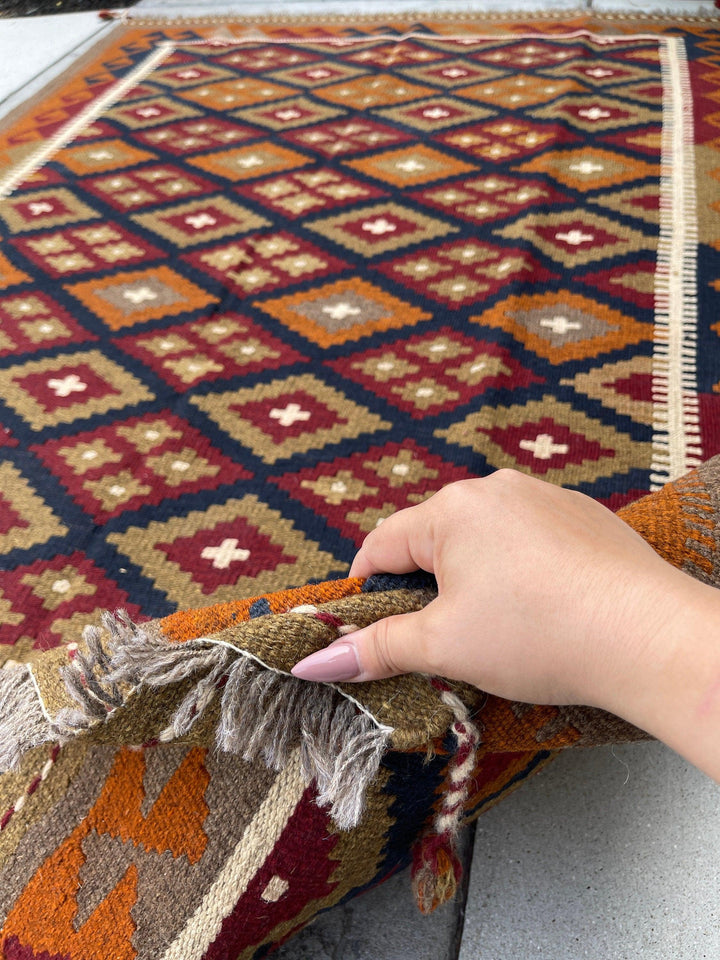 5x7 (150x215) Handmade Afghan Kilim Rug | Tan Khaki Brown Orange Red White Navy Blue | Flatweave Boho Tribal Turkish Moroccan Oriental Wool