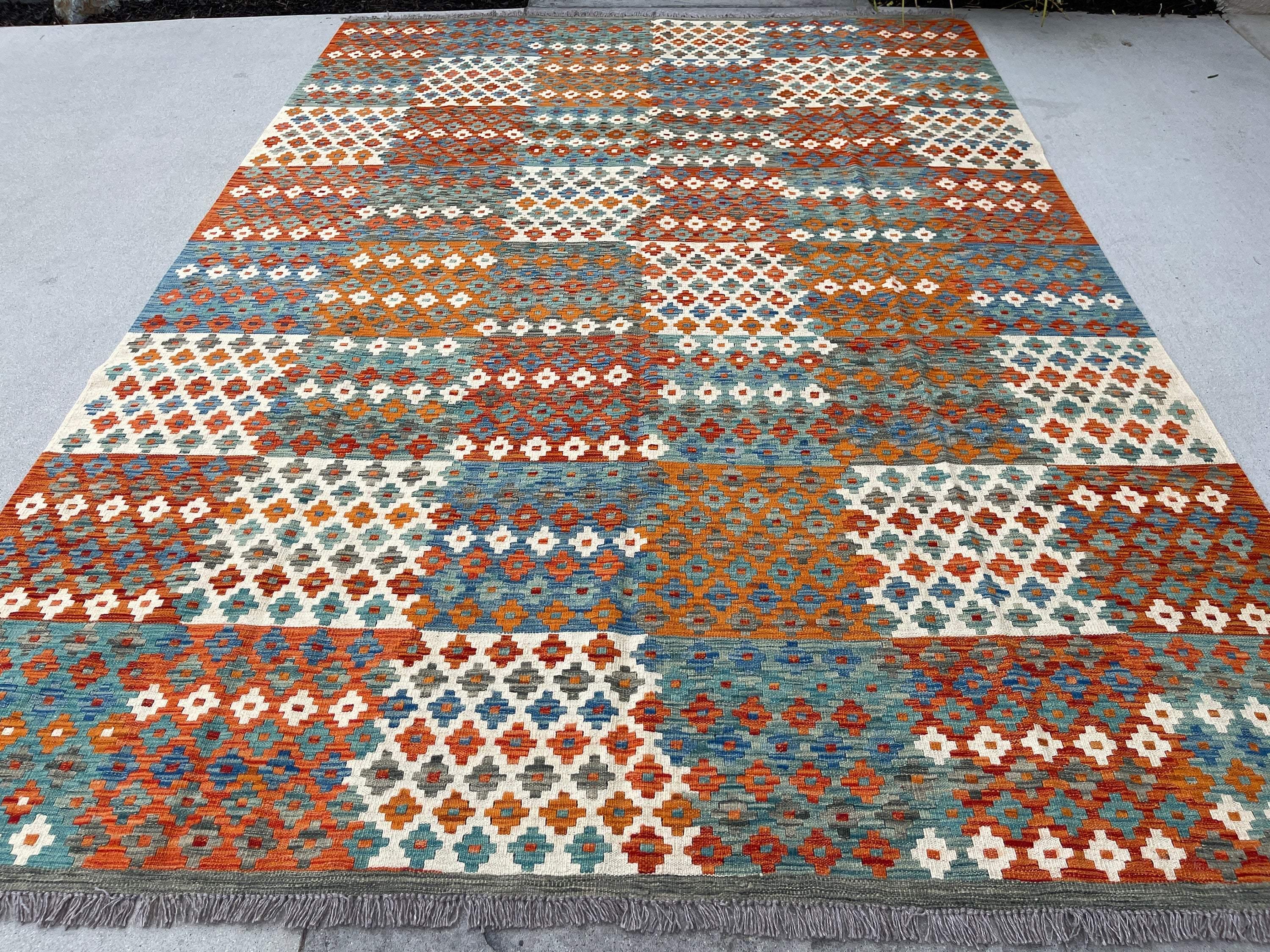 7x10 (215x305) Handmade Afghan Kilim Flatweave Rug | Orange Ivory Green Blue | Boho Tribal Moroccan Outdoor Wool Knotted Woven