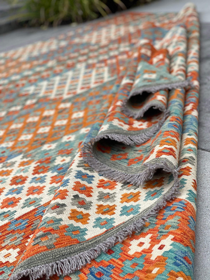 7x10 (215x305) Handmade Afghan Kilim Flatweave Rug | Orange Ivory Green Blue | Boho Tribal Moroccan Outdoor Wool Knotted Woven