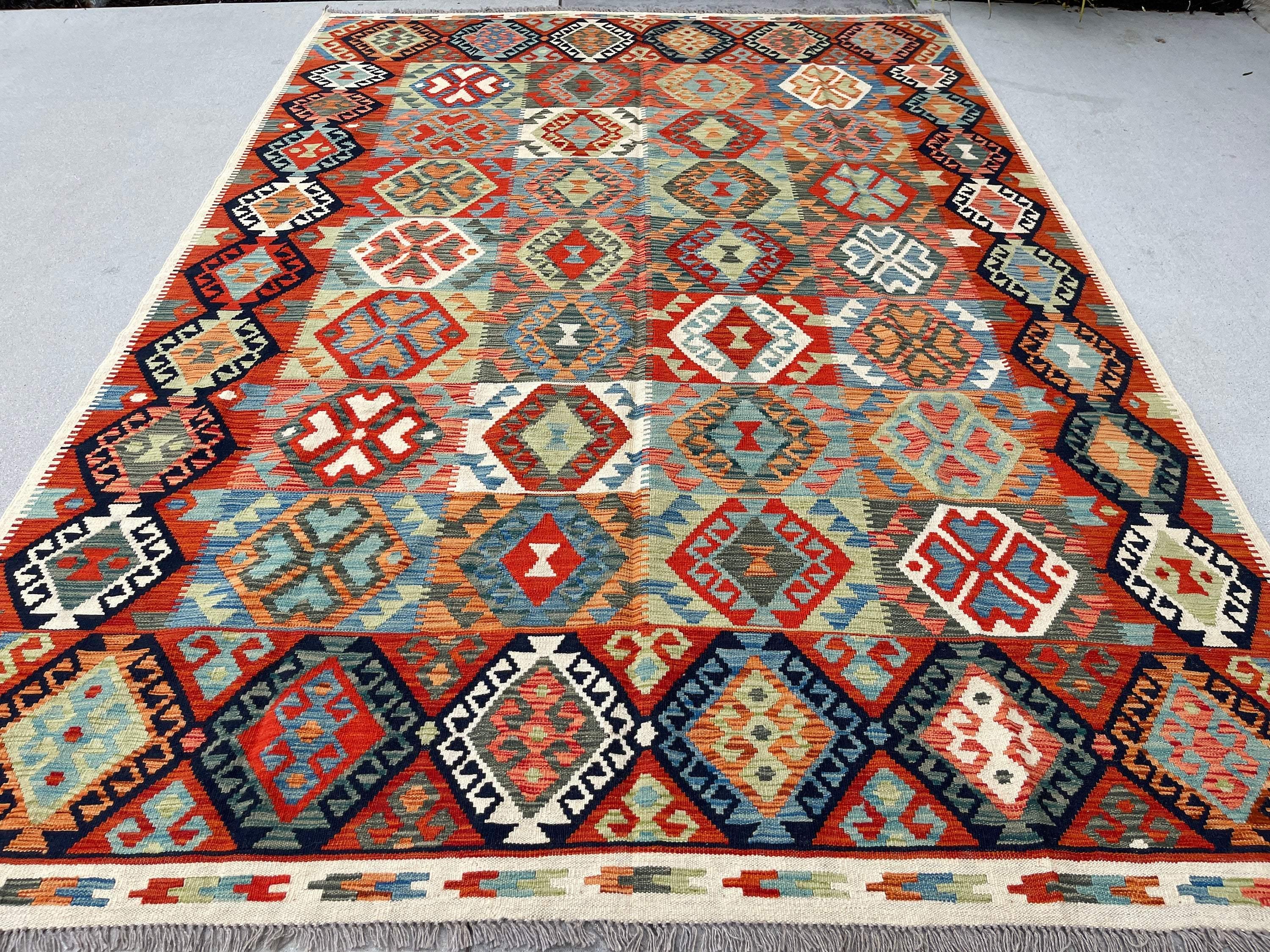 7x10 (215x305) Handmade Afghan Kilim Flatweave Rug | Orange Blue Green Ivory Colorful | Boho Tribal Moroccan Outdoor Wool Turkish Flatweave