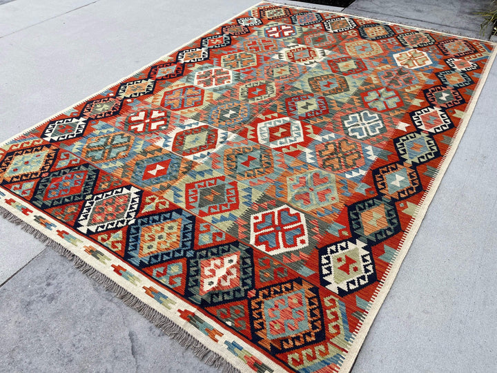 7x10 (215x305) Handmade Afghan Kilim Flatweave Rug | Orange Blue Green Ivory Colorful | Boho Tribal Moroccan Outdoor Wool Turkish Flatweave