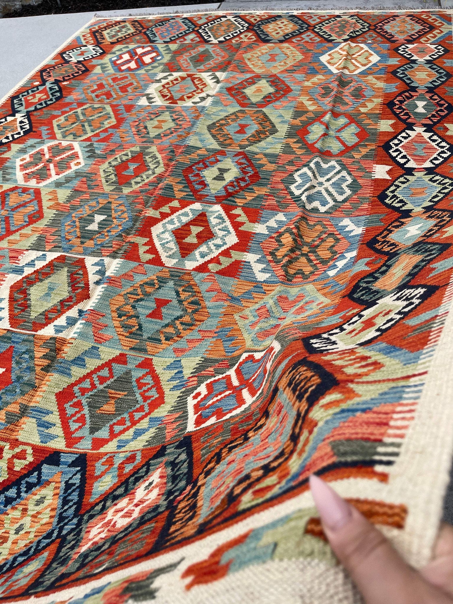 7x10 (215x305) Handmade Afghan Kilim Flatweave Rug | Orange Blue Green Ivory Colorful | Boho Tribal Moroccan Outdoor Wool Turkish Flatweave