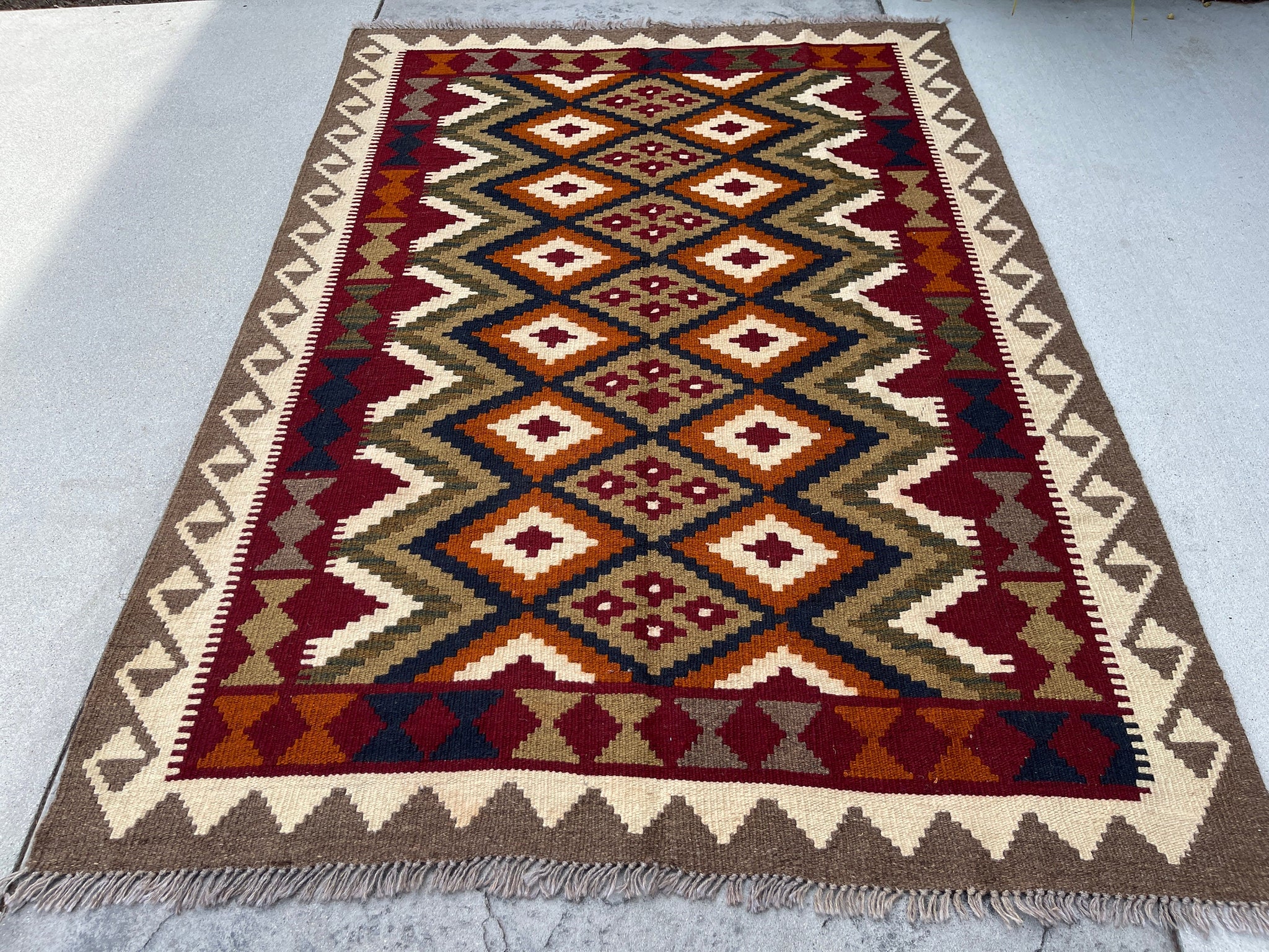 5x7 (150x215) Handmade Afghan Kilim Rug | Tan Khaki Brown Orange Red White Navy Blue | Flatweave Boho Tribal Turkish Moroccan Oriental Wool