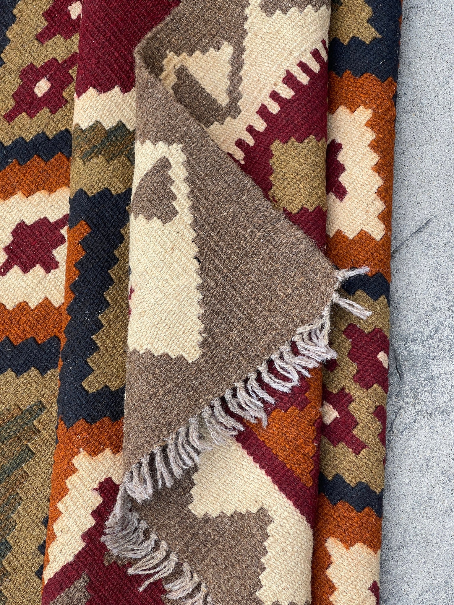 5x7 (150x215) Handmade Afghan Kilim Rug | Tan Khaki Brown Orange Red White Navy Blue | Flatweave Boho Tribal Turkish Moroccan Oriental Wool