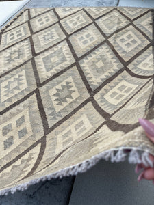 5x7 (150x200) Handmade Kilim Afghan Rug | Grey Gray Beige Gold Brown | Flatweave Tribal Nomadic Turkish Moroccan Outdoor Wool