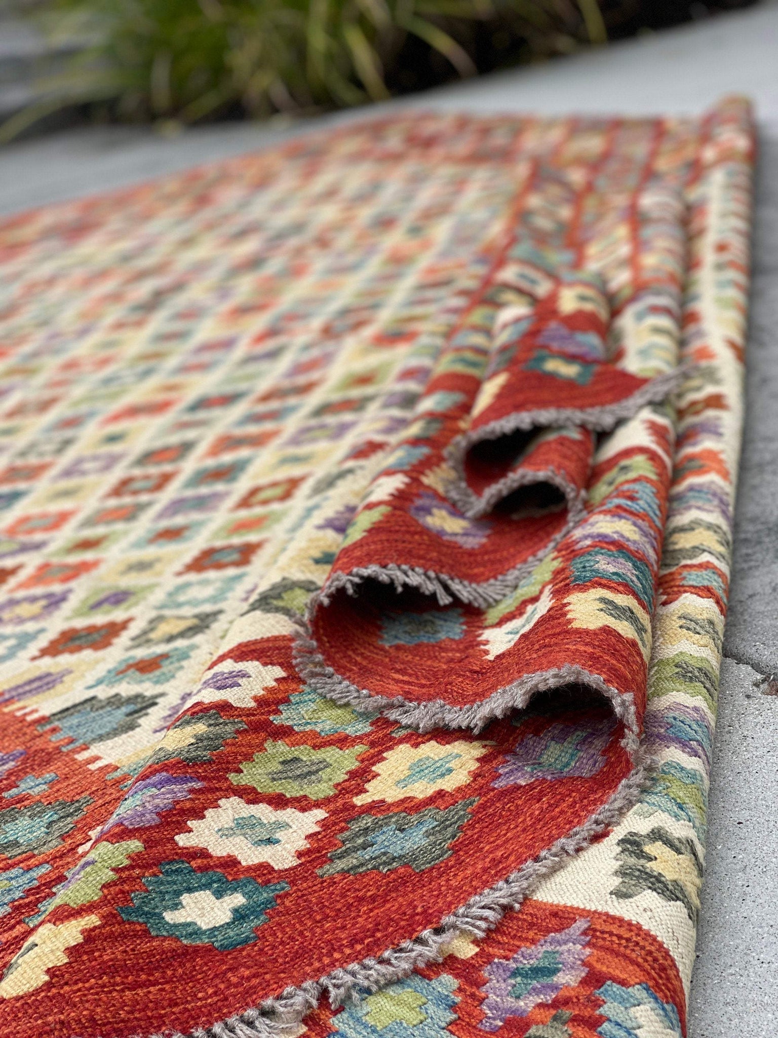 7x10 (215x305) Handmade Afghan Kilim Flatweave Rug | Ivory Burnt Orange Green Sage Purple | Boho Tribal Moroccan Outdoor Wool Knotted Woven
