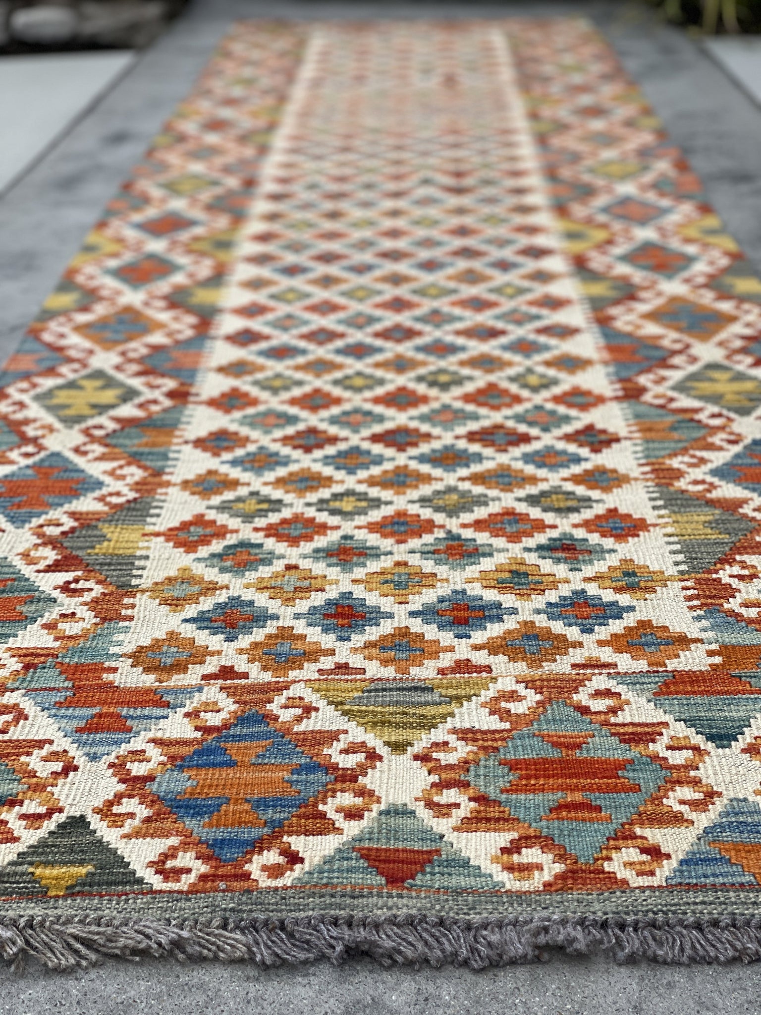 3x13 (90x395) Handmade Afghan Kilim Rug Runner | White Orange Blue Green Yellow | Flatweave Flat Weave Tribal Oriental Boho Wool