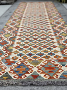 3x13 (90x395) Handmade Afghan Kilim Rug Runner | White Orange Blue Green Yellow | Flatweave Flat Weave Tribal Oriental Boho Wool