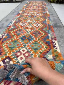 3x13 (90x395) Handmade Afghan Kilim Rug Runner | Blue Orange Ivory Green Turquoise Purple | Flatweave Flat Weave Tribal Oriental Boho Wool