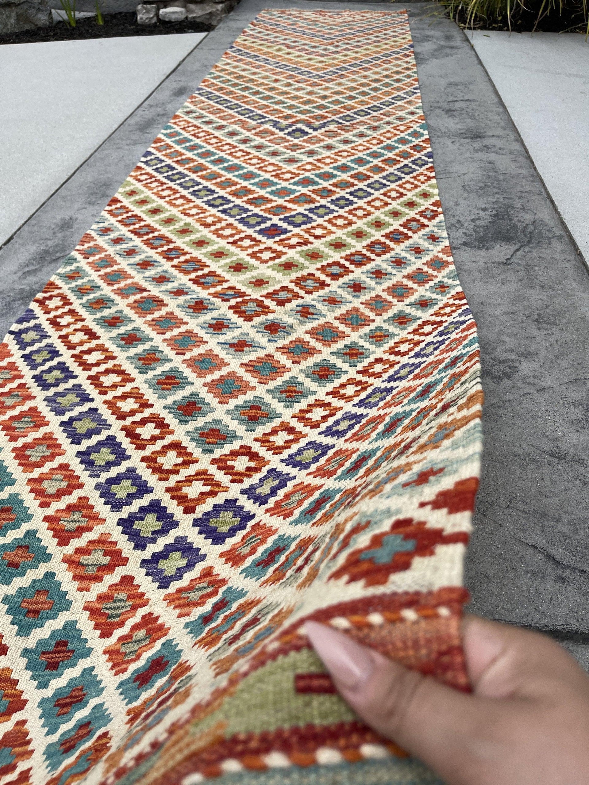 3x13 (90x395) Handmade Afghan Kilim Rug Runner | Ivory Cream Orange Blue Green Turquoise | Flatweave Flat Weave Tribal Oriental Boho Wool