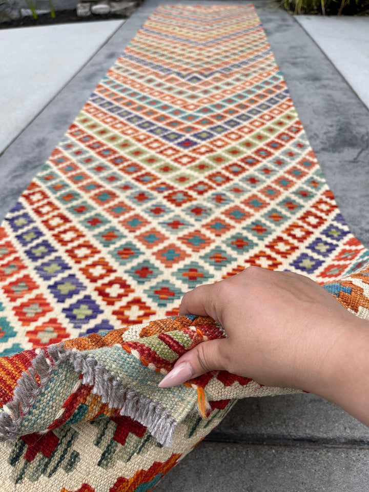 3x13 (90x395) Handmade Afghan Kilim Rug Runner | Ivory Cream Orange Blue Green Turquoise | Flatweave Flat Weave Tribal Oriental Boho Wool