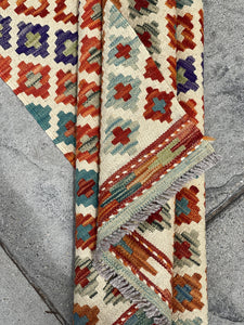 3x13 (90x395) Handmade Afghan Kilim Rug Runner | Ivory Cream Orange Blue Green Turquoise | Flatweave Flat Weave Tribal Oriental Boho Wool
