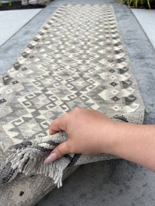 3x10 (90x305) Handmade Afghan Kilim Runner Rug | Light Grey Gray Ivory Black | Flatweave Flat Weave Tribal Turkish Moroccan Oriental Wool
