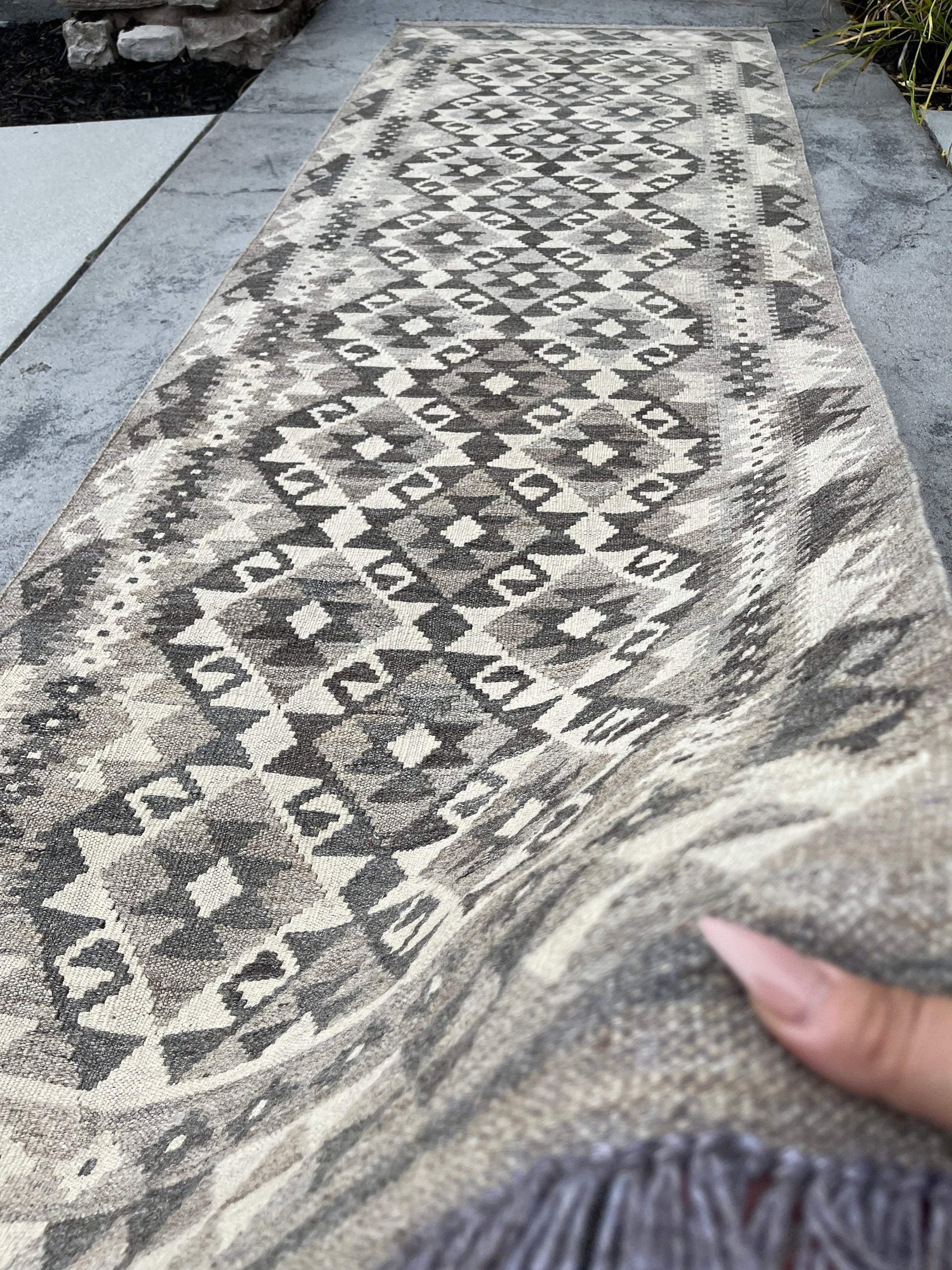 3x8 (90x245) Handmade Afghan Kilim Runner Rug | Light Grey Gray Ivory Cream | Flatweave Flat Weave Tribal Turkish Moroccan Oriental Wool