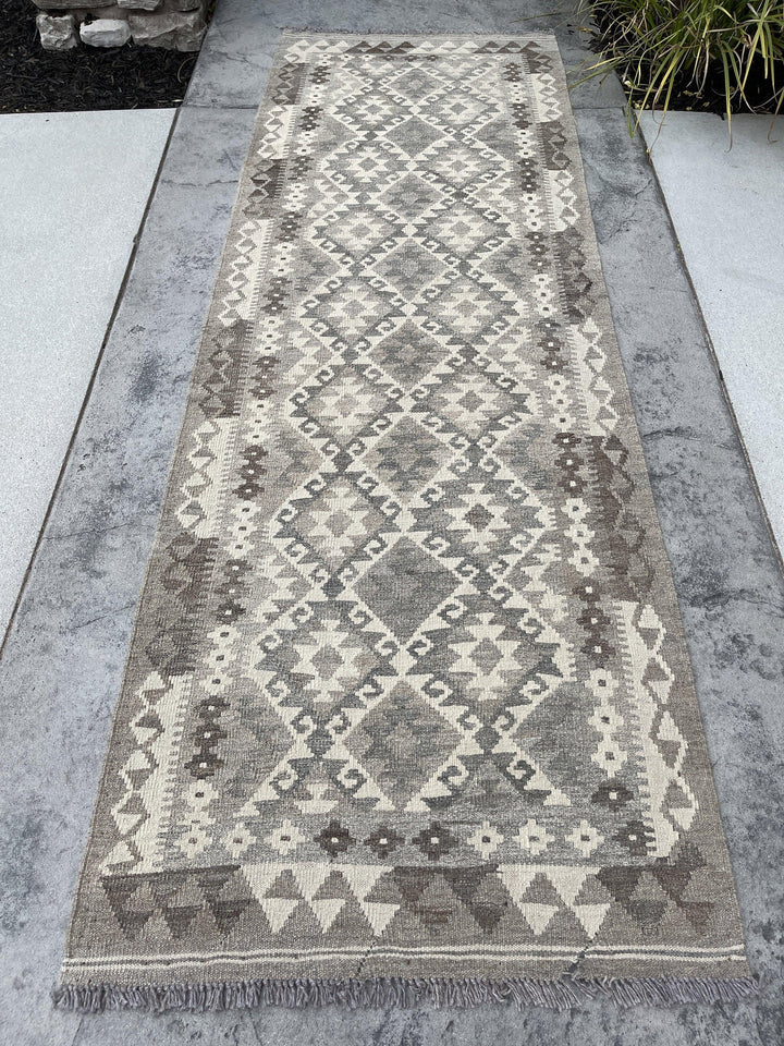 3x8 (90x245) Handmade Afghan Kilim Runner Rug | Light Grey Gray Ivory Cream | Flatweave Flat Weave Tribal Turkish Moroccan Oriental Wool