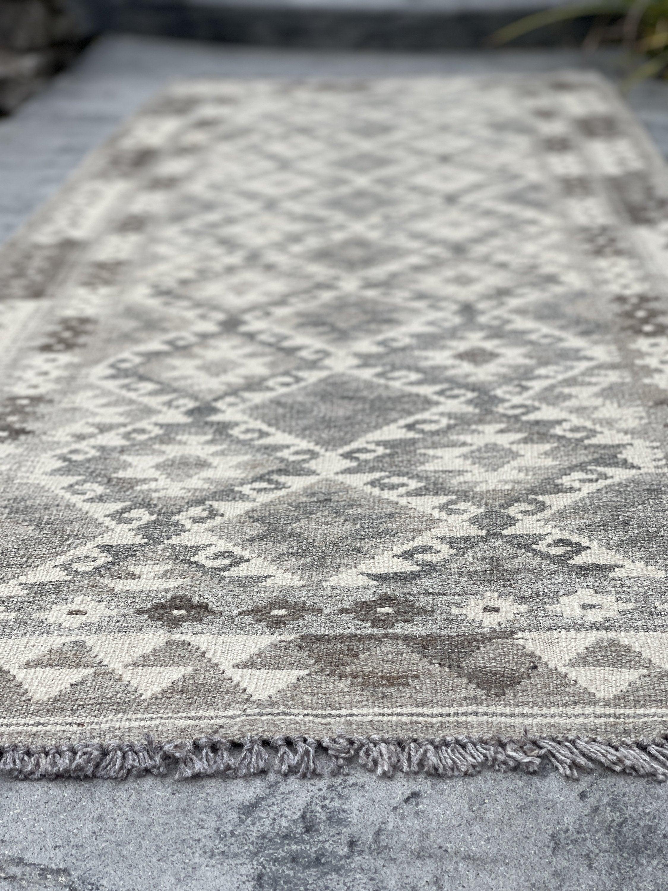 3x8 (90x245) Handmade Afghan Kilim Runner Rug | Light Grey Gray Ivory Cream | Flatweave Flat Weave Tribal Turkish Moroccan Oriental Wool