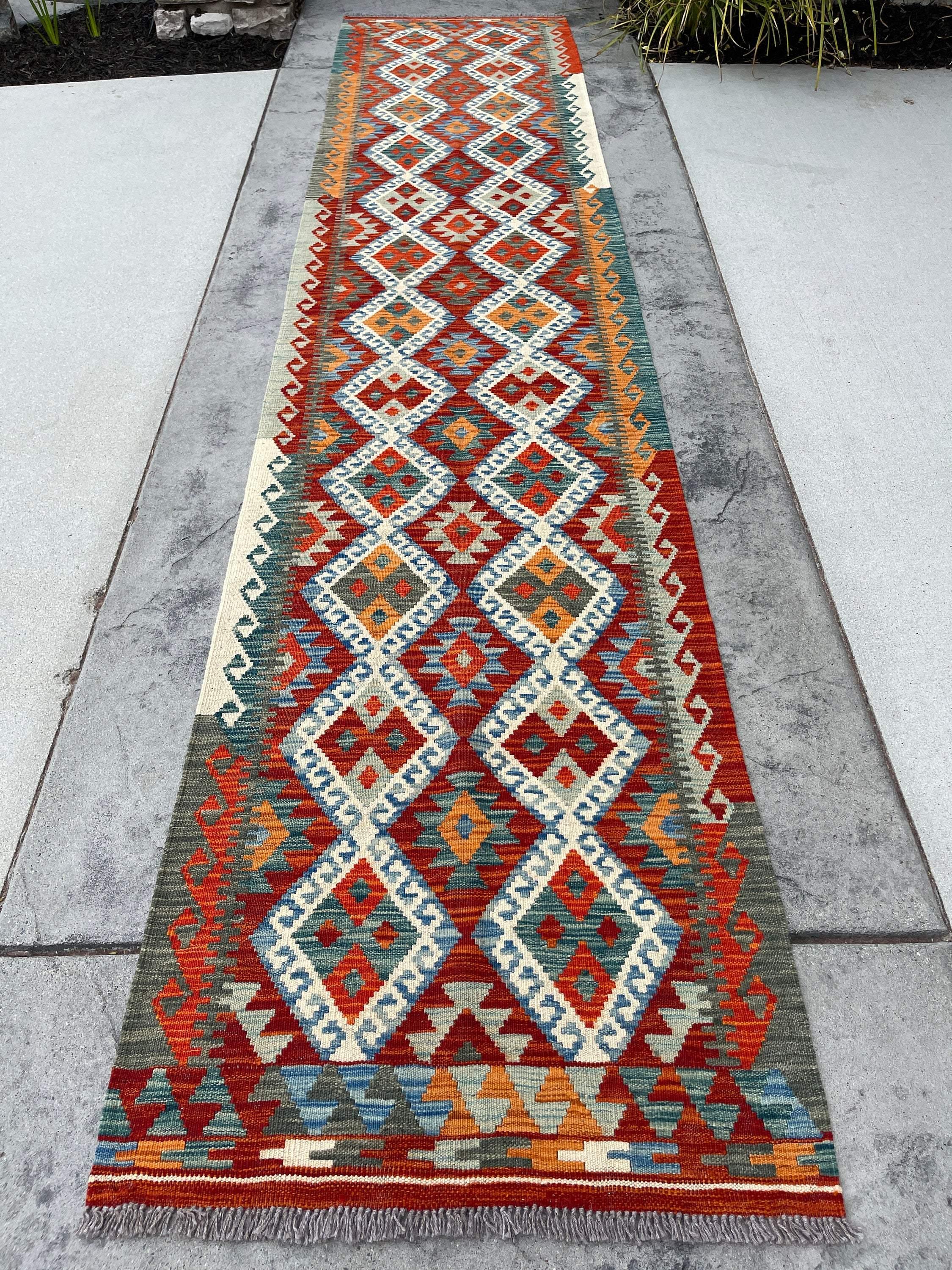 3x13 (90x395) Handmade Afghan Kilim Rug Runner | Red Orange Ivory Blue Green Turquoise | Flatweave Flat Weave Tribal Oriental Boho Wool