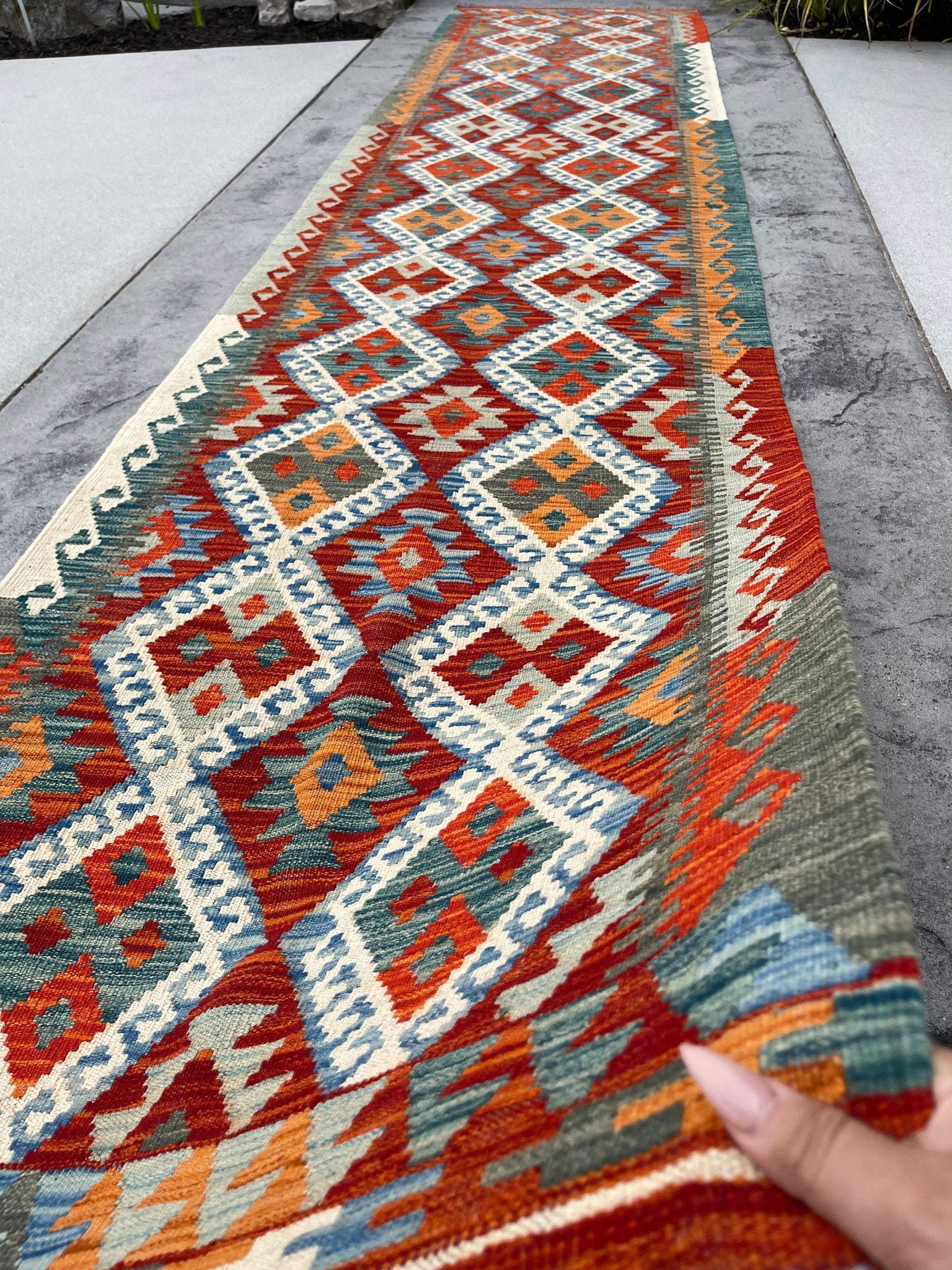 3x13 (90x395) Handmade Afghan Kilim Rug Runner | Red Orange Ivory Blue Green Turquoise | Flatweave Flat Weave Tribal Oriental Boho Wool