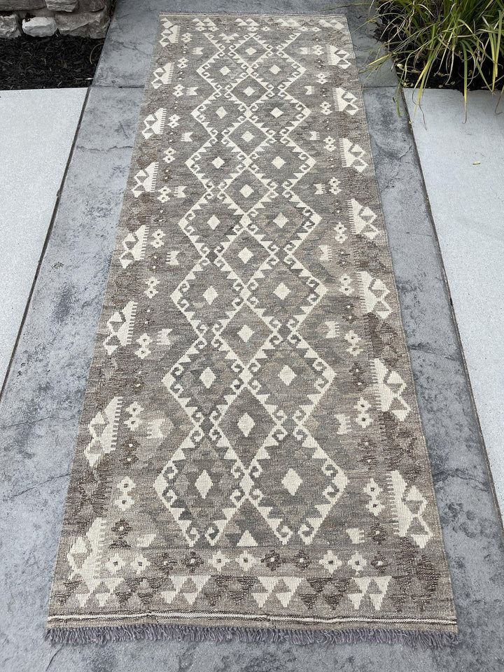 3x8 (90x245) Handmade Afghan Kilim Runner Rug | Light Grey Gray Ivory Cream | Flatweave Flat Weave Tribal Turkish Moroccan Oriental Wool