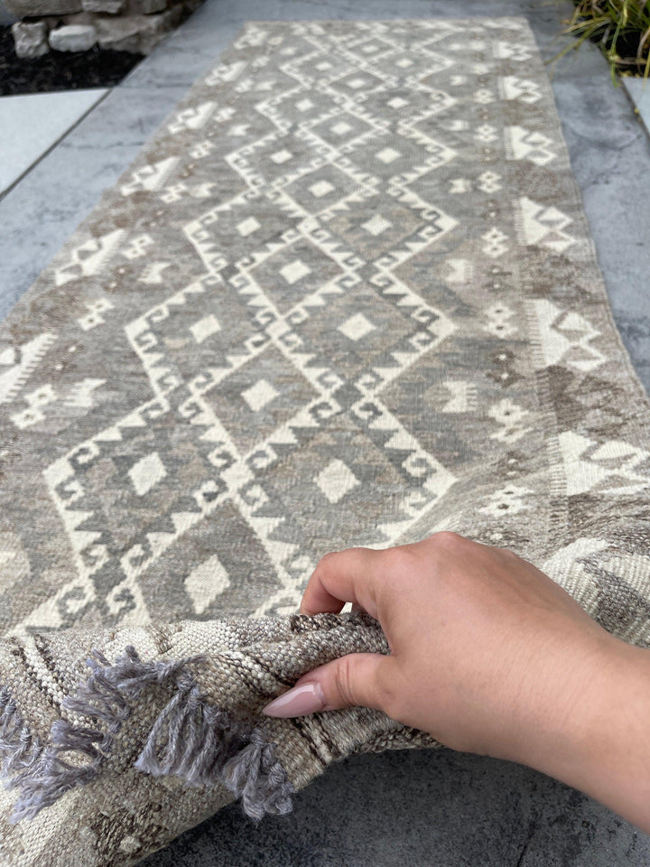 3x8 (90x245) Handmade Afghan Kilim Runner Rug | Light Grey Gray Ivory Cream | Flatweave Flat Weave Tribal Turkish Moroccan Oriental Wool