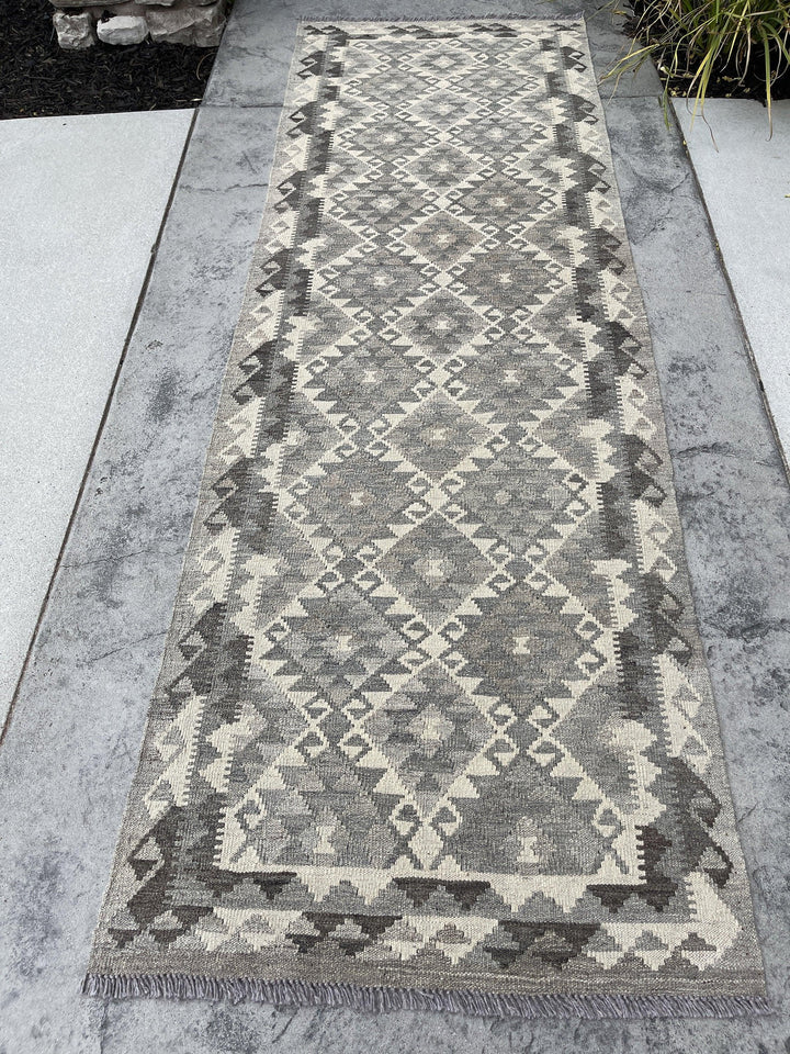 3x8 (90x245) Handmade Afghan Kilim Runner Rug | Light Grey Gray Ivory Cream | Flatweave Flat Weave Tribal Turkish Moroccan Oriental Wool