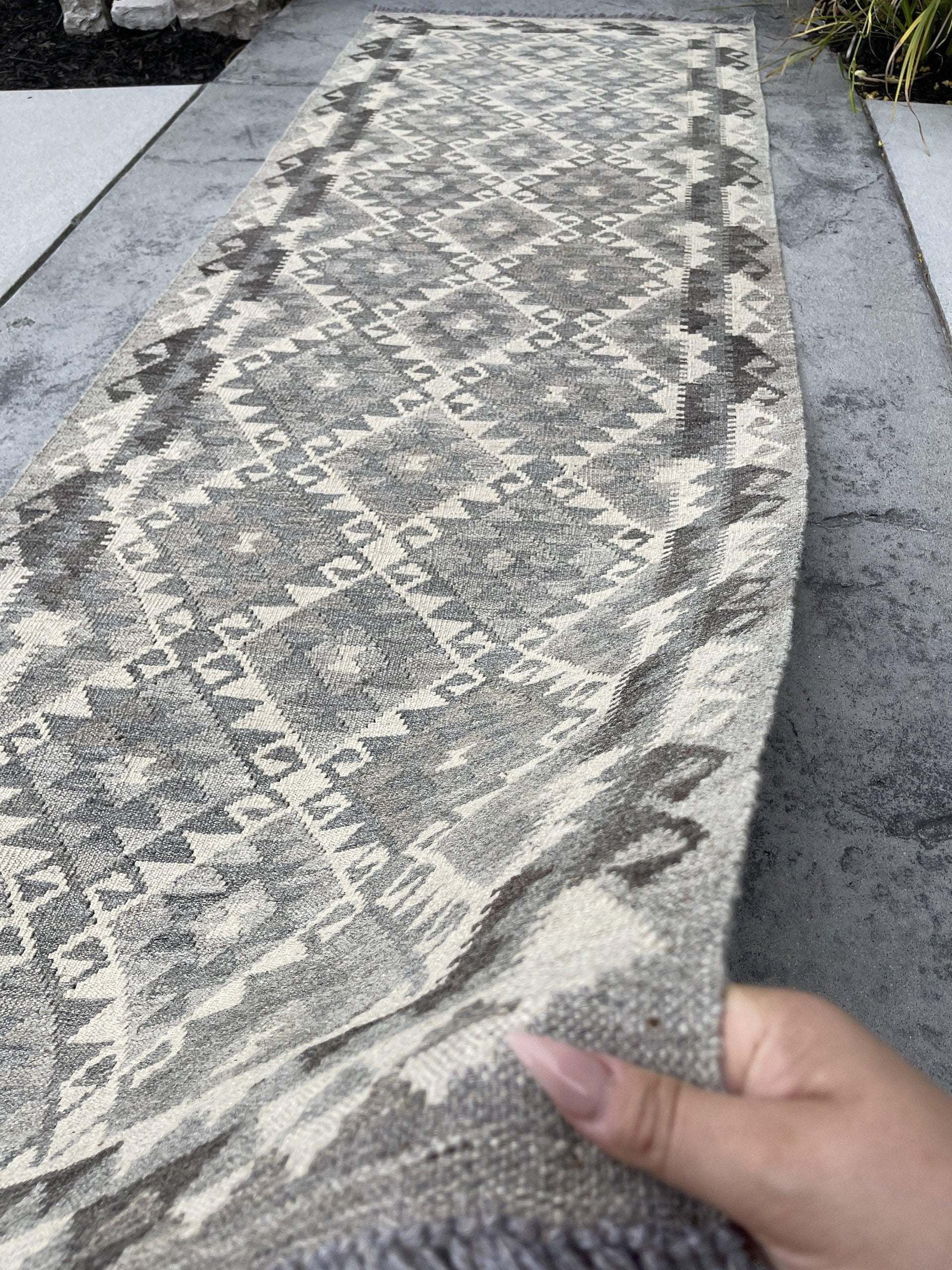 3x8 (90x245) Handmade Afghan Kilim Runner Rug | Light Grey Gray Ivory Cream | Flatweave Flat Weave Tribal Turkish Moroccan Oriental Wool