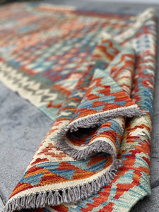 3x13 (90x395) Handmade Afghan Kilim Rug Runner | Ivory Cream Burnt Orange Blue Green | Flatweave Flat Weave Tribal Oriental Boho Wool