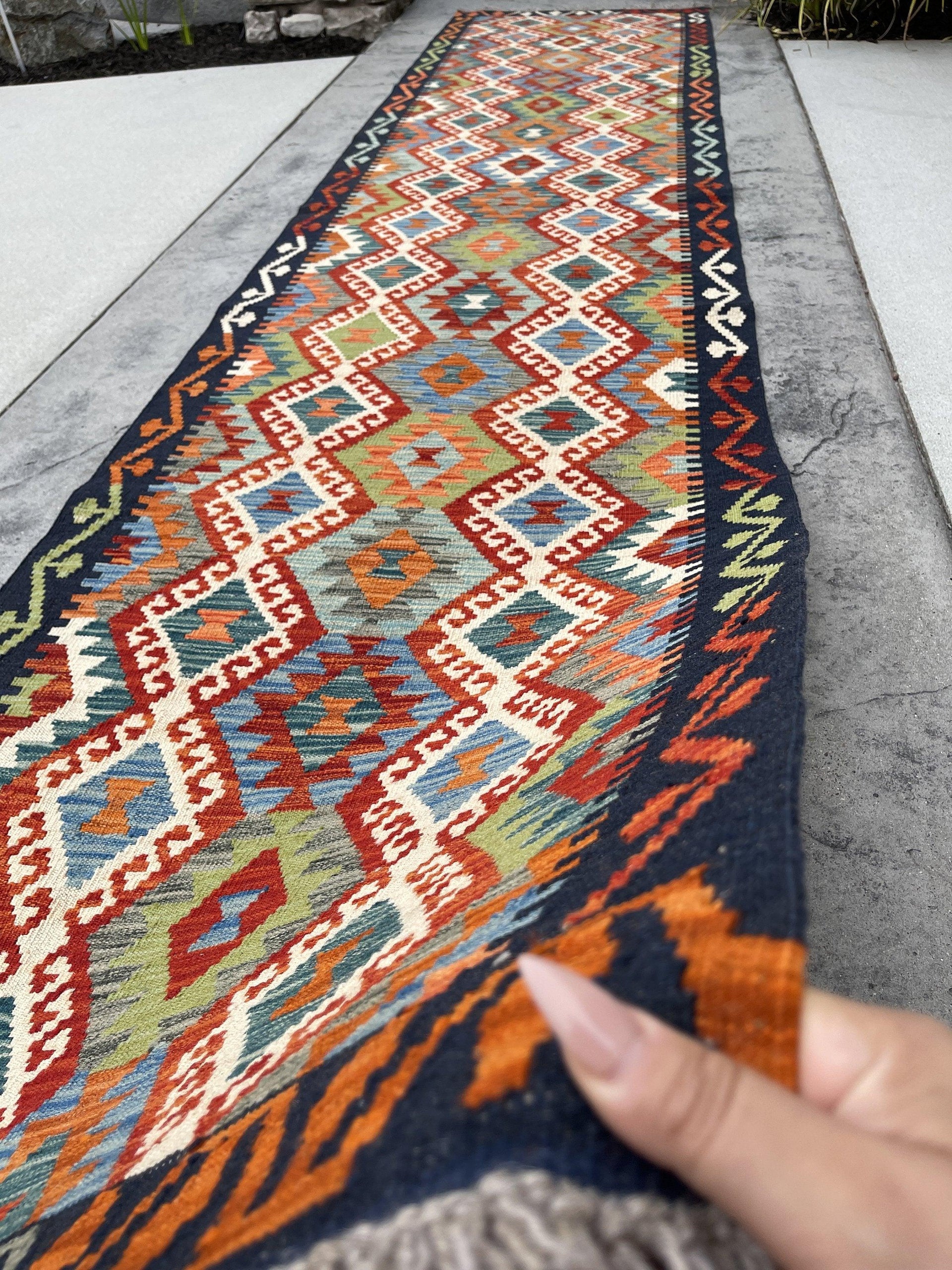 3x13 (90x395) Handmade Afghan Kilim Rug Runner | Midnight Blue Turquoise Ivory Orange Blue Green | Flatweave Tribal Oriental Boho Wool