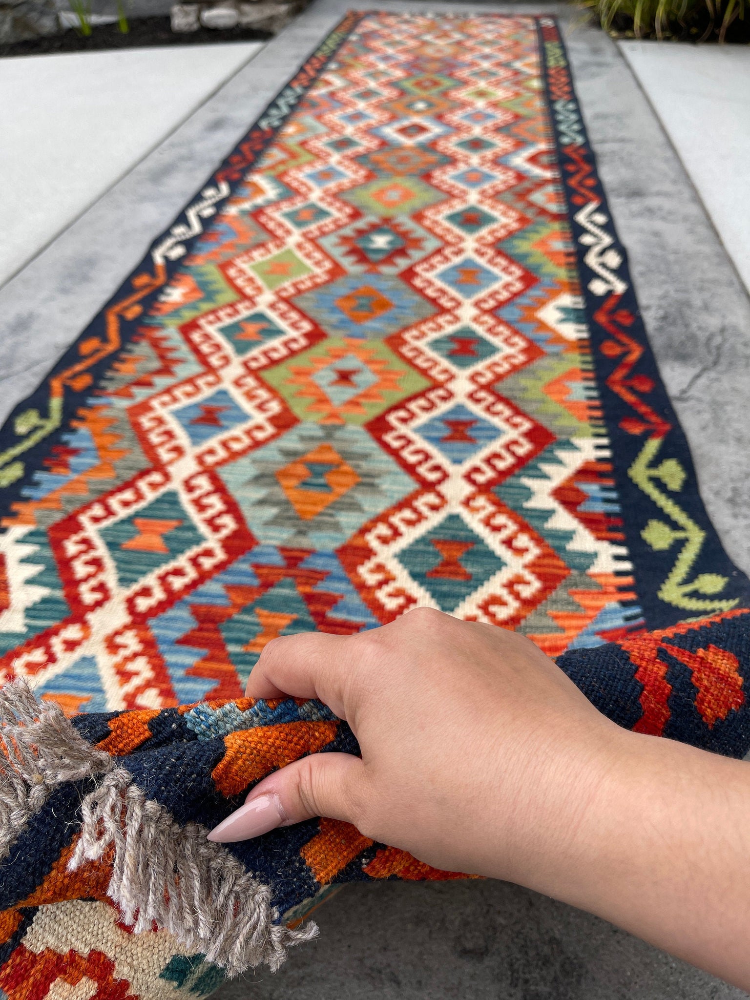 3x13 (90x395) Handmade Afghan Kilim Rug Runner | Midnight Blue Turquoise Ivory Orange Blue Green | Flatweave Tribal Oriental Boho Wool