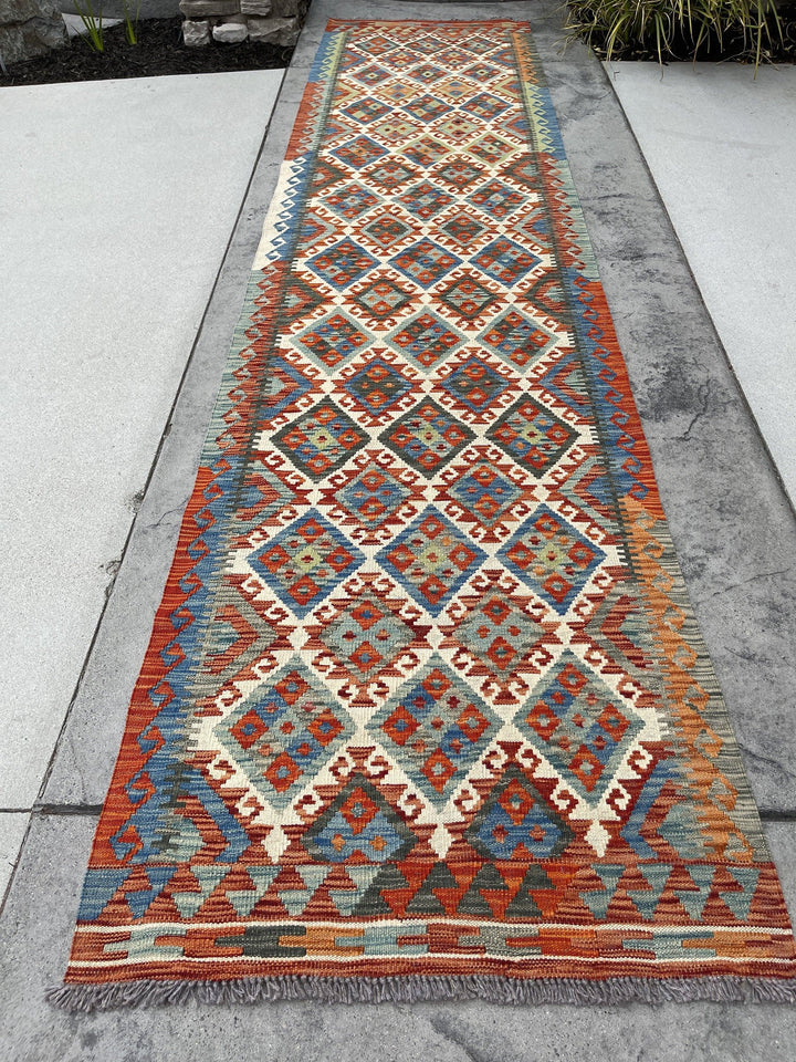 3x13 (90x395) Handmade Afghan Kilim Rug Runner | Blue Burnt Orange Ivory Sage Green | Flatweave Flat Weave Tribal Oriental Boho Wool