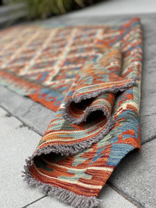 3x13 (90x395) Handmade Afghan Kilim Rug Runner | Blue Burnt Orange Ivory Sage Green | Flatweave Flat Weave Tribal Oriental Boho Wool