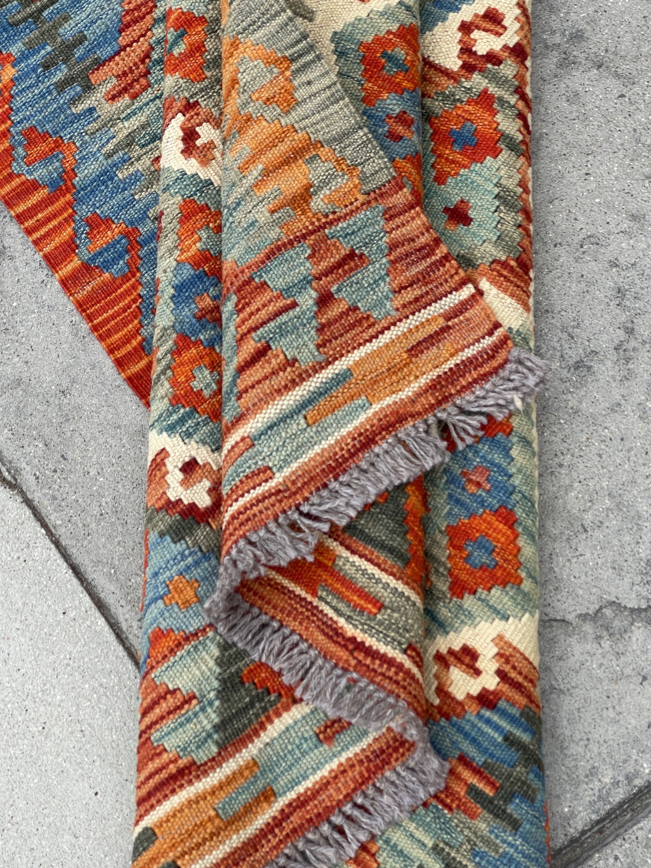 3x13 (90x395) Handmade Afghan Kilim Rug Runner | Blue Burnt Orange Ivory Sage Green | Flatweave Flat Weave Tribal Oriental Boho Wool