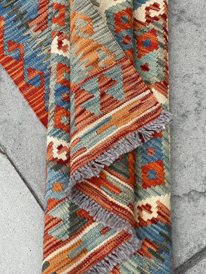 3x13 (90x395) Handmade Afghan Kilim Rug Runner | Blue Burnt Orange Ivory Sage Green | Flatweave Flat Weave Tribal Oriental Boho Wool