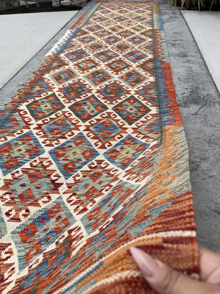 3x13 (90x395) Handmade Afghan Kilim Rug Runner | Blue Burnt Orange Ivory Sage Green | Flatweave Flat Weave Tribal Oriental Boho Wool