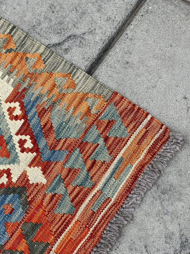 3x13 (90x395) Handmade Afghan Kilim Rug Runner | Blue Burnt Orange Ivory Sage Green | Flatweave Flat Weave Tribal Oriental Boho Wool