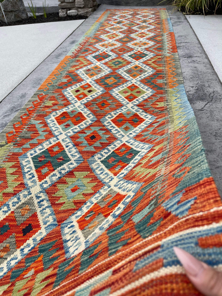 3x13 (90x395) Handmade Afghan Kilim Rug Runner | Burnt Orange Ivory Blue Green Sage | Flatweave Flat Weave Tribal Oriental Boho Wool