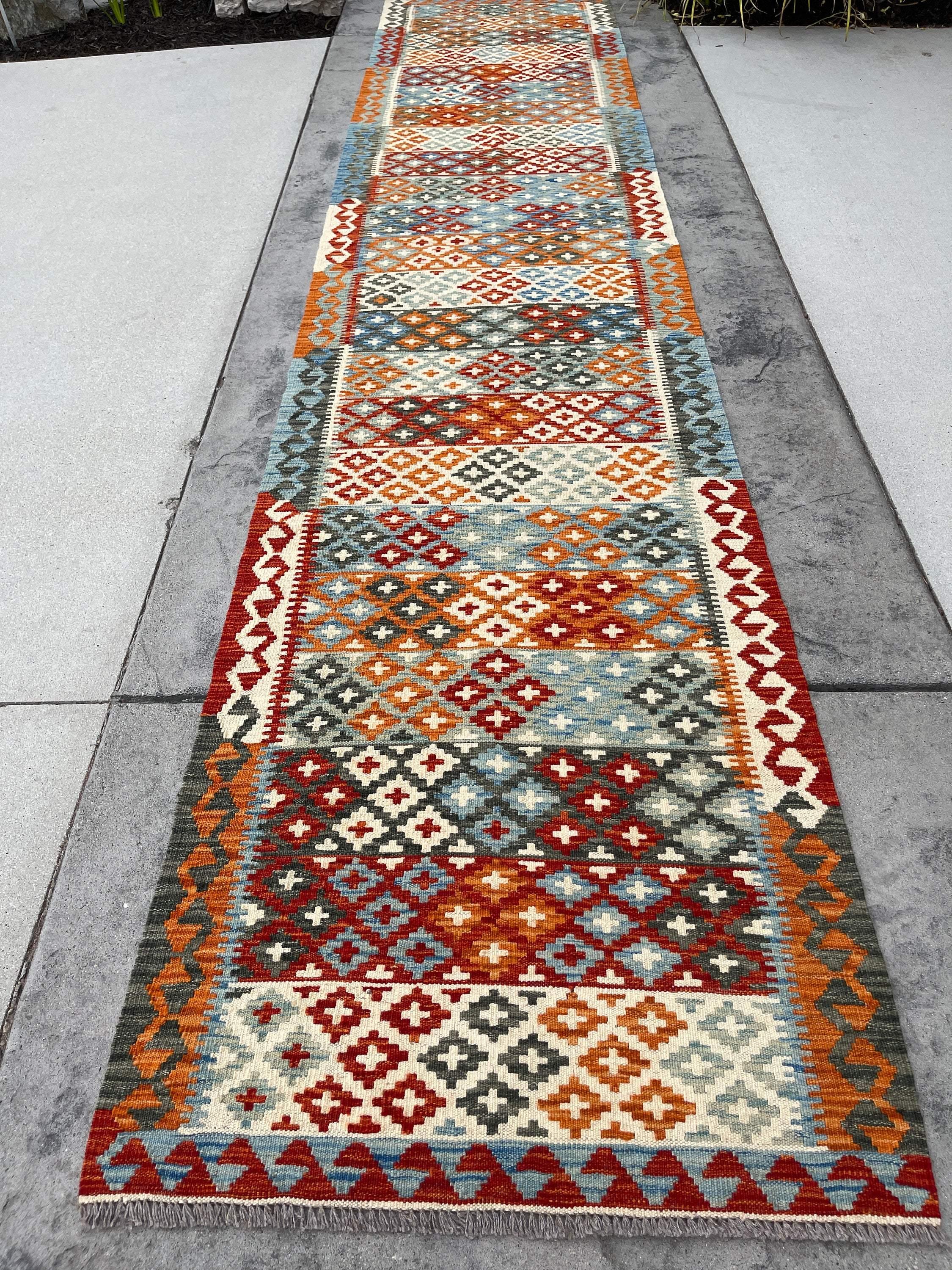 3x14 (90x410) Handmade Afghan Kilim Rug Runner | Burnt Orange Ivory Cream Blue Green Turquoise | Flatweave Tribal Oriental Boho Wool