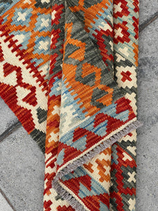 3x14 (90x410) Handmade Afghan Kilim Rug Runner | Burnt Orange Ivory Cream Blue Green Turquoise | Flatweave Tribal Oriental Boho Wool