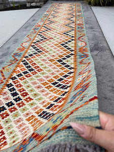3x13 (90x395) Handmade Afghan Kilim Rug Runner | Turquoise Green Ivory Orange Blue Salmon Pink | Flatweave Tribal Oriental Boho Wool