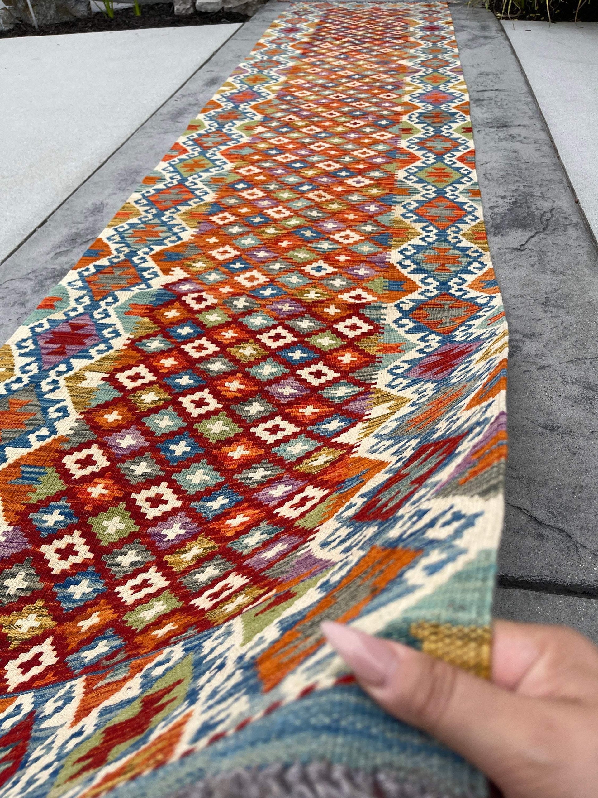 3x13 (90x395) Handmade Afghan Kilim Rug Runner | Orange Blue Sage Green Ivory Cream Purple Turquoise | Flatweave Tribal Oriental Boho Wool