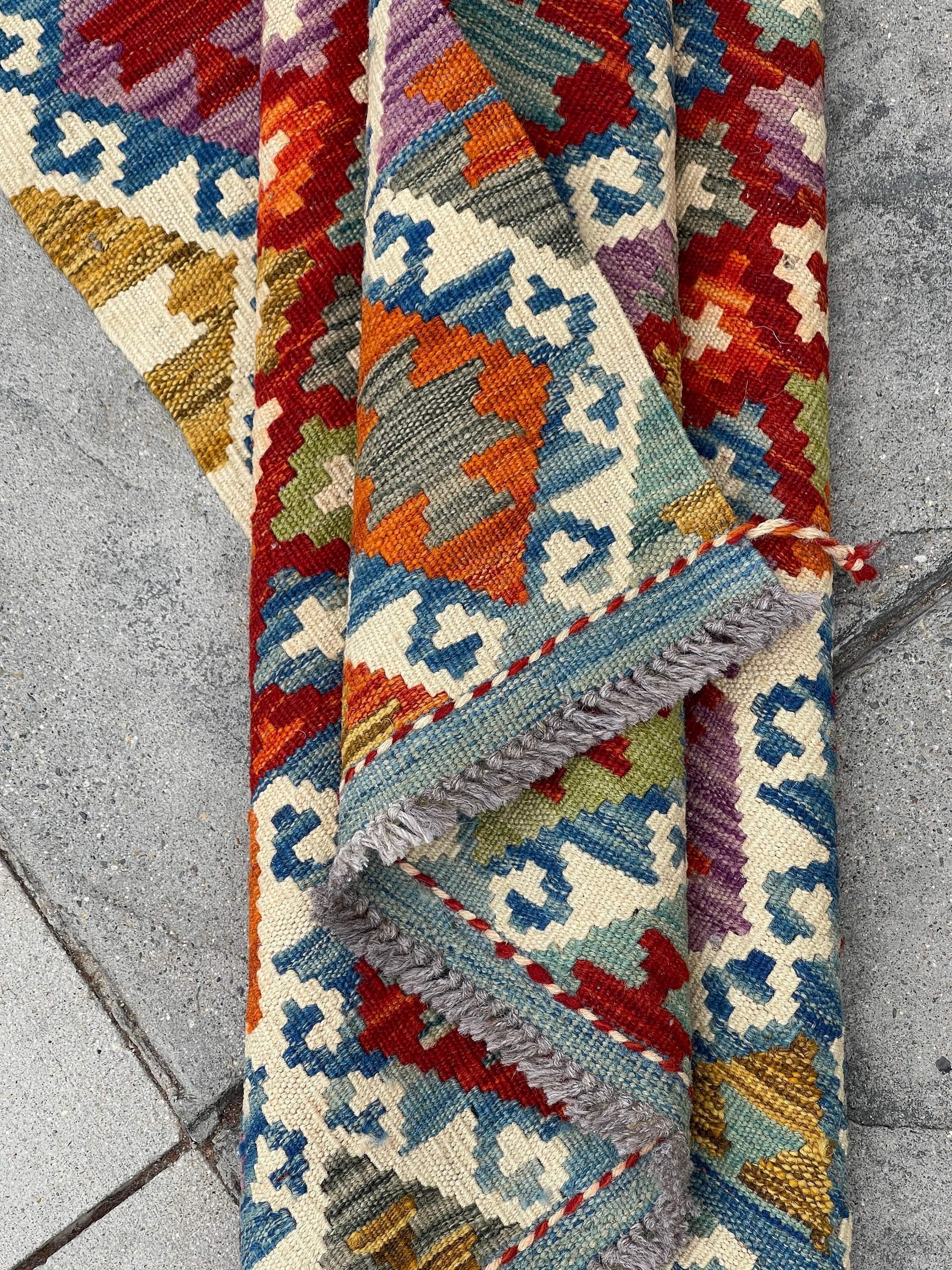 3x13 (90x395) Handmade Afghan Kilim Rug Runner | Orange Blue Sage Green Ivory Cream Purple Turquoise | Flatweave Tribal Oriental Boho Wool