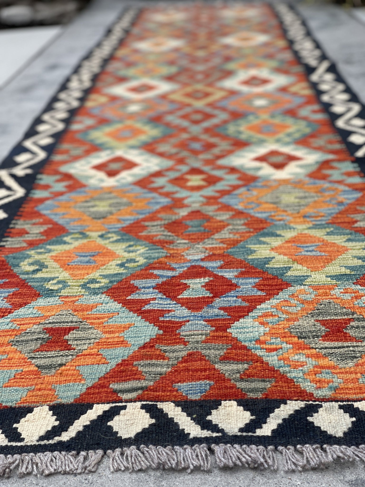3x13 (90x395) Handmade Afghan Kilim Rug Runner | Midnight Blue Ivory Orange Blue Green | Flatweave Flat Weave Tribal Oriental Boho Wool