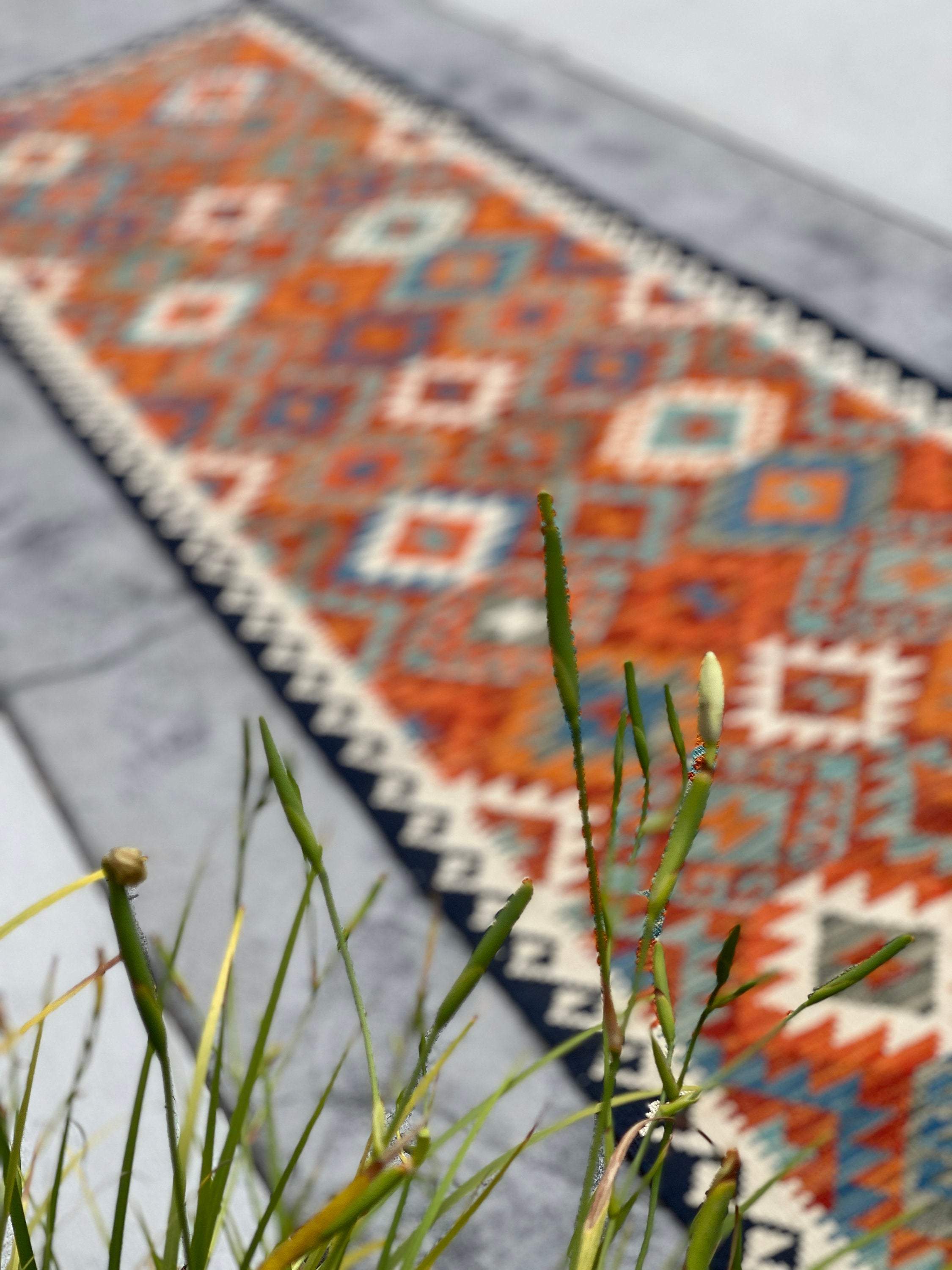 3x13 (90x395) Handmade Afghan Kilim Rug Runner | Midnight Blue Ivory Burnt Orange Turquoise | Flatweave Flat Weave Tribal Oriental Boho Wool