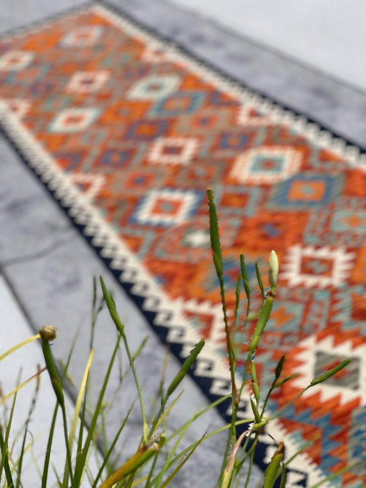 3x13 (90x395) Handmade Afghan Kilim Rug Runner | Midnight Blue Ivory Burnt Orange Turquoise | Flatweave Flat Weave Tribal Oriental Boho Wool